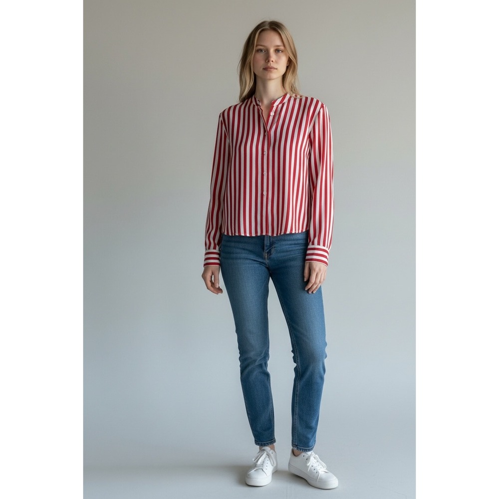 Jane + Delancey Red White Striped Roll Tab Sleeve High Low Blouse Medium